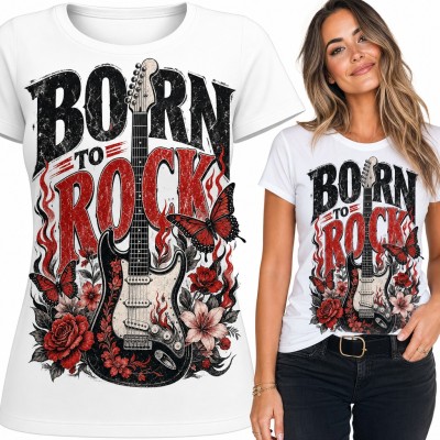 Koszulka damska „Born to Rock” - gitara elektryczna w różach i motylach