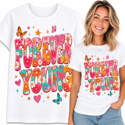 Koszulka damska „Forever young” - kwiecisty retro napis z motylami