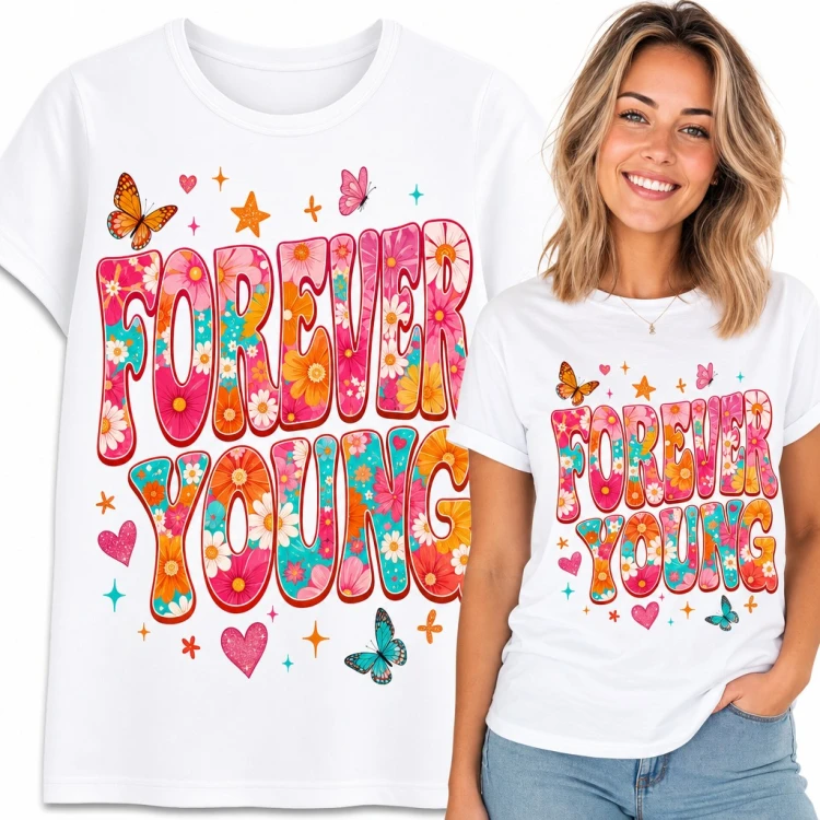 Koszulka damska „Forever young” - kwiecisty retro napis z motylami
