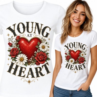Koszulka damska „Young at heart” - czerwone serce w różach i stokrotkach