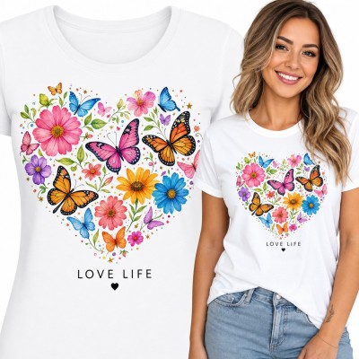 Koszulka damska „Love life” - serce z motyli i kwiatów w akwareli