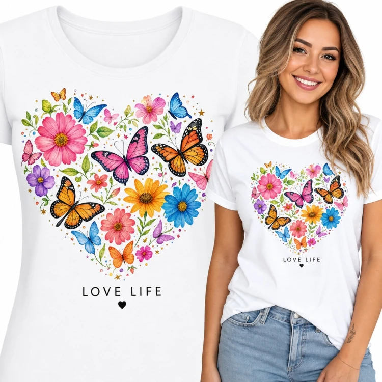 Koszulka damska „Love life” - serce z motyli i kwiatów w akwareli