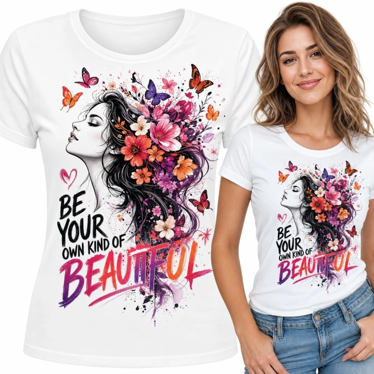 Koszulka damska „Be your own kind of beautiful” - kobieta z kwiatami i motylami we włosach