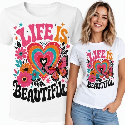 Koszulka damska „Life is beautiful” - tęczowe serce z motylem i kwiatami