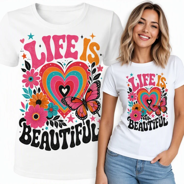 Koszulka damska „Life is beautiful” - tęczowe serce z motylem i kwiatami