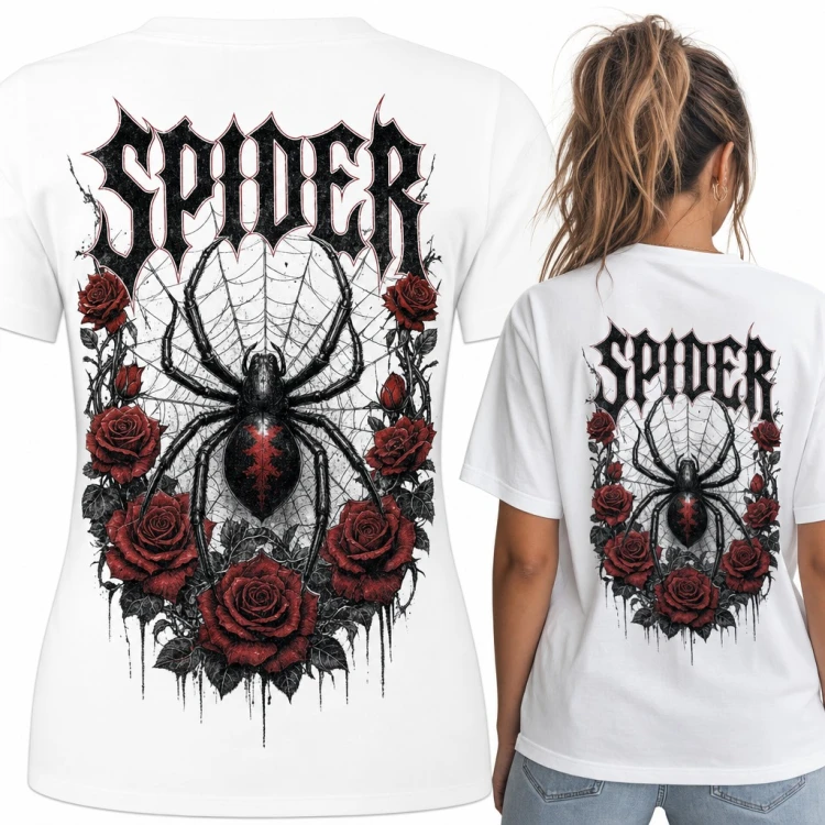 Koszulka damska „Spider” pająk w pajęczynie i czerwone róże - duży nadruk na plecach