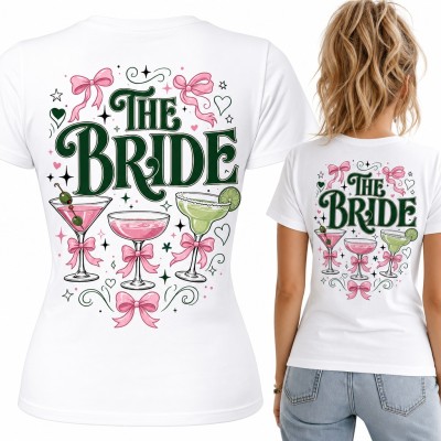 Koszulka damska „The Bride” z koktajlami i różowymi kokardami - duży nadruk na plecach