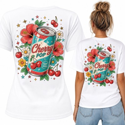 Koszulka damska retro puszka „Cherry Pop” z wiśniami i hibiskusem - duży nadruk na plecach