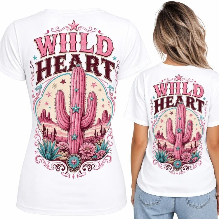 Koszulka damska z różowym kaktusem w stylu western „Wild Heart” - duży nadruk na plecach