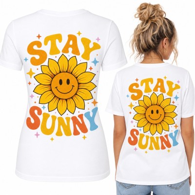 Koszulka damska „Stay sunny” z uśmiechniętym słonecznikiem - duży nadruk na plecach