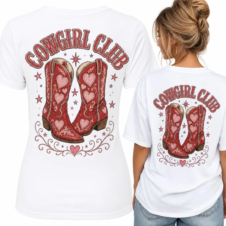 Koszulka damska „Cowgirl Club” z czerwonymi kowbojkami w serca - duży nadruk na plecach
