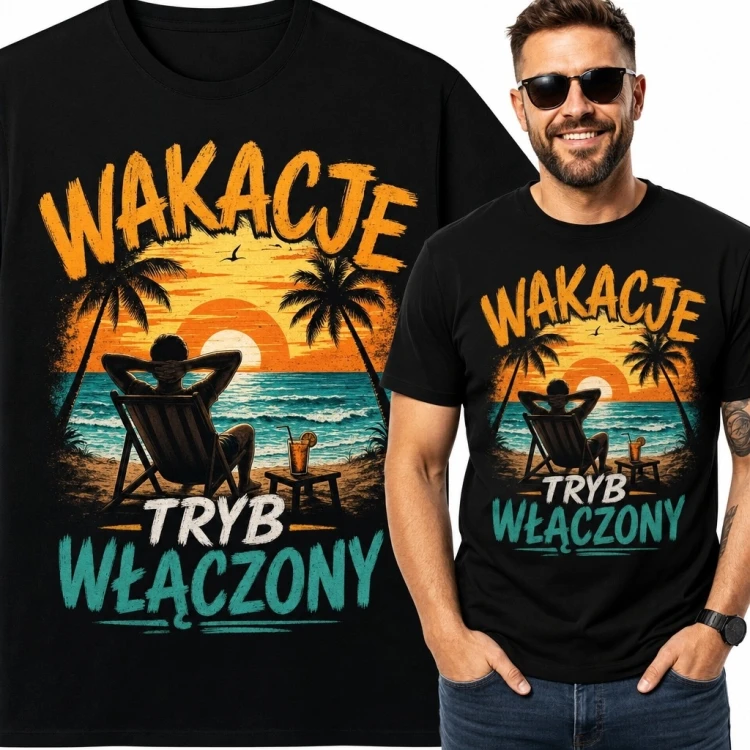 Koszulka męska wakacyjna „Wakacje - tryb włączony” - tropikalna plaża