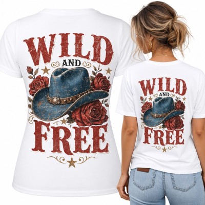 Koszulka damska „Wild and free” z kowbojskim kapeluszem i różami - duży nadruk na plecach