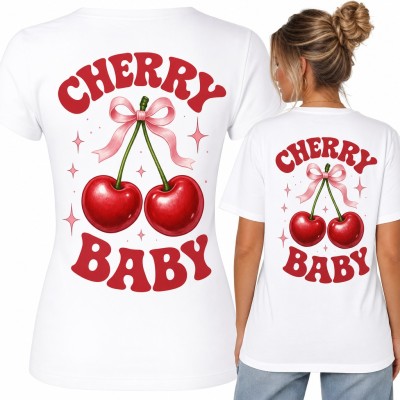 Koszulka damska „Cherry baby” z czereśniami i różową kokardą - duży nadruk na plecach