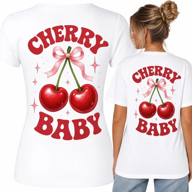 Koszulka damska „Cherry baby” z czereśniami i różową kokardą - duży nadruk na plecach