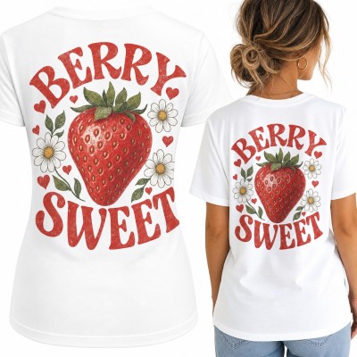 Koszulka damska z truskawką i stokrotkami „Berry Sweet” - duży nadruk na plecach