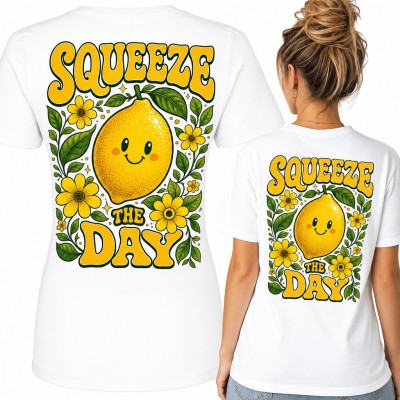 Koszulka damska z uśmiechniętą cytryną „Squeeze the day” w stylu retro - duży nadruk na plecach
