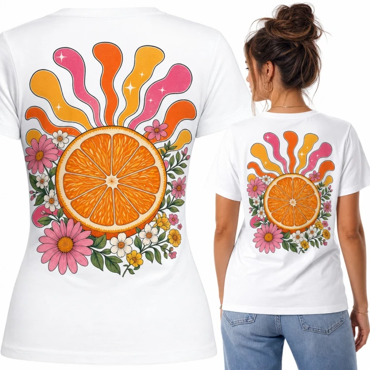 Koszulka damska z pomarańczą i kwiatami w stylu groovy retro - duży nadruk na plecach