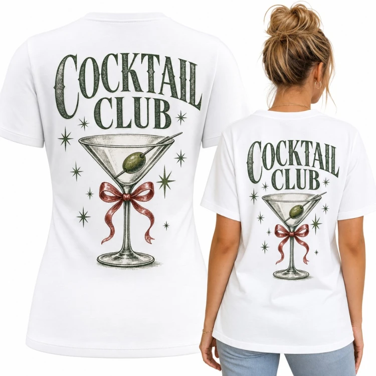 Koszulka damska martini z oliwką i kokardą „Cocktail Club” - duży nadruk na plecach