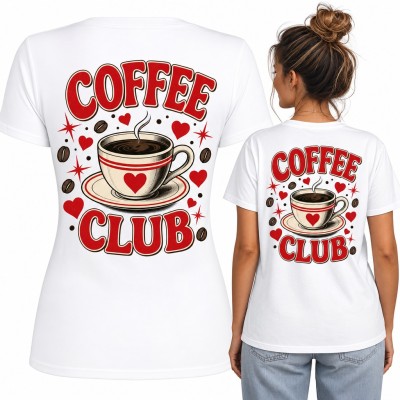 Koszulka damska „Coffee Club” z filiżanką kawy i sercami - duży nadruk na plecach