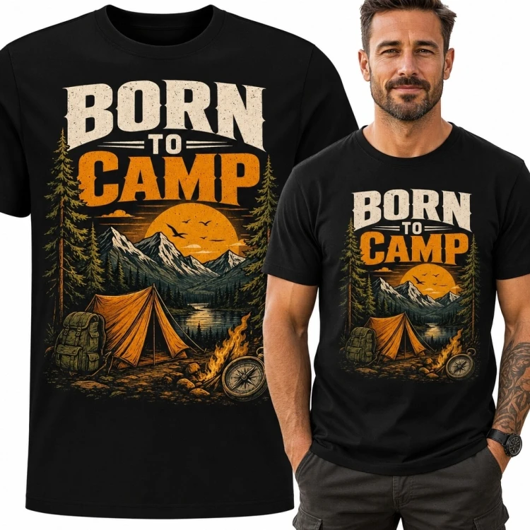 Koszulka męska z motywem campingu „Born to Camp” - biwak w górach