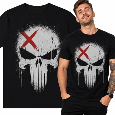 Koszulka męska z czaszką w stylu grunge i czerwonym X - mroczny wzór