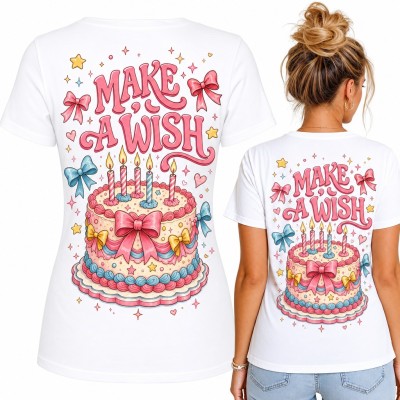 Koszulka damska „Make a Wish” z tortem i kokardami - duży nadruk na plecach