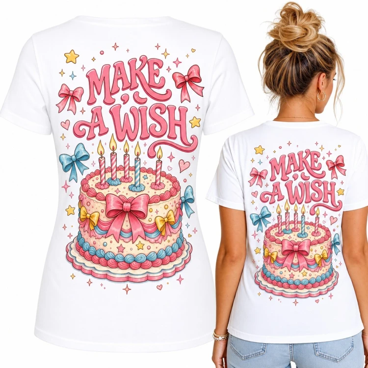 Koszulka damska „Make a Wish” z tortem i kokardami - duży nadruk na plecach
