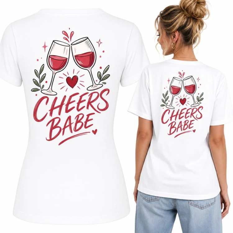 Koszulka damska z kieliszkami wina „Cheers babe” - duży nadruk na plecach