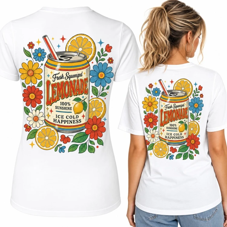 Koszulka damska „Fresh Squeezed Lemonade” retro puszka z cytrynami i kwiatami - duży nadruk na plecach