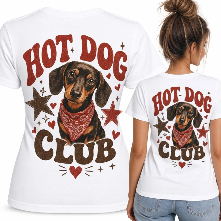Koszulka damska jamnik w bandanie „Hot Dog Club” - duży nadruk na plecach