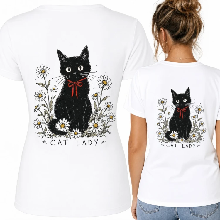 Koszulka damska „Cat lady” z czarnym kotem w stokrotkach - duży nadruk na plecach