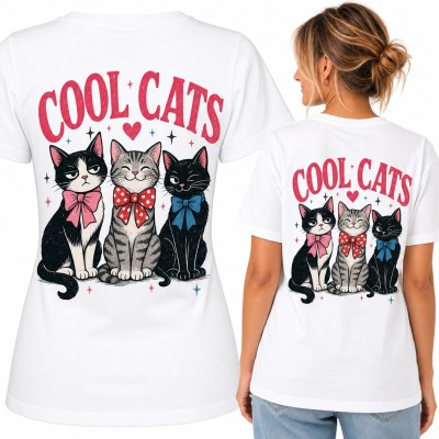 Koszulka damska koty z kokardami „Cool cats” - duży nadruk na plecach
