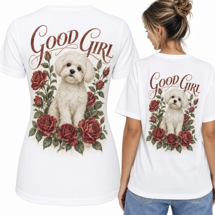 Koszulka damska „Good Girl” - maltańczyk w czerwonych różach - duży nadruk na plecach