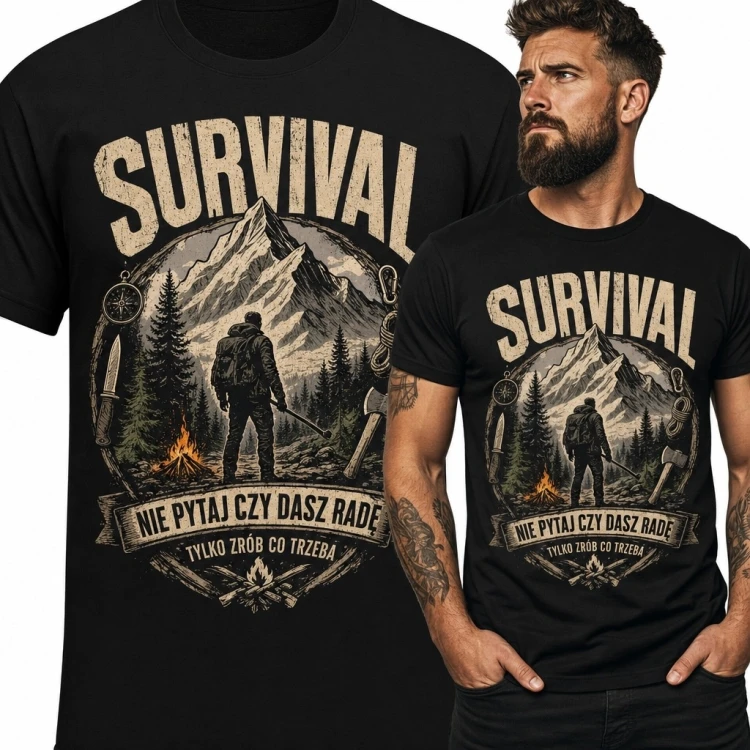 Koszulka męska survivalowa „Survival” - wędrowiec w górach