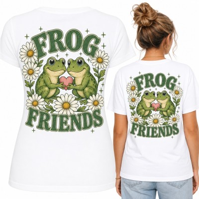 Koszulka damska żaby z sercem wśród stokrotek „Frog Friends” - duży nadruk na plecach