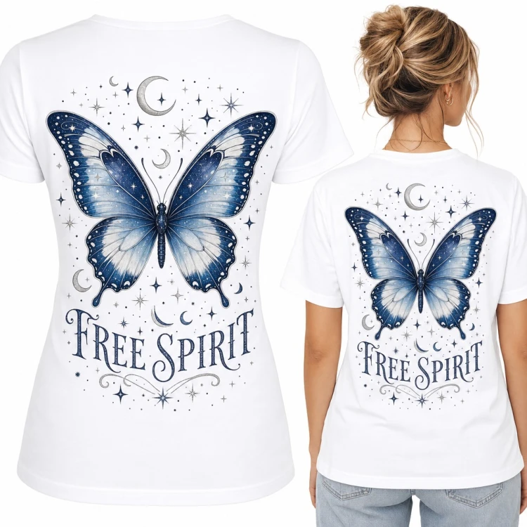 Koszulka damska z granatowym motylem i napisem „Free spirit” - duży nadruk na plecach