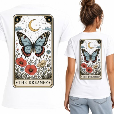 Koszulka damska karta tarota z motylem i księżycem „The Dreamer” - duży nadruk na plecach