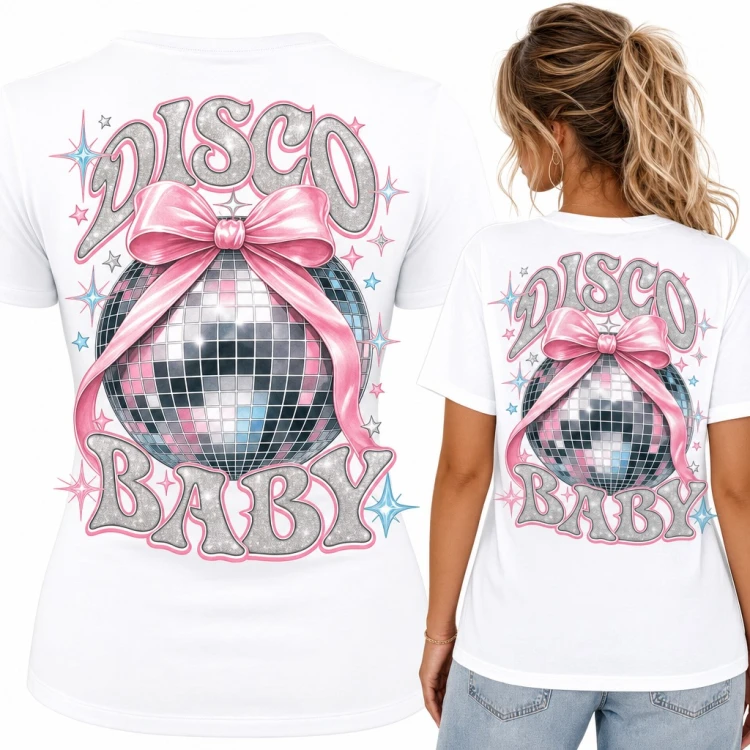 Koszulka damska „Disco Baby” z kulą dyskotekową i różową kokardą - duży nadruk na plecach