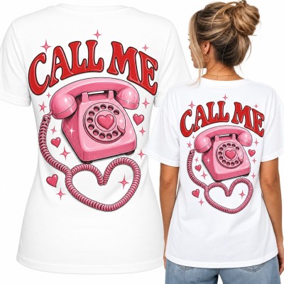 Koszulka damska „Call me” z różowym telefonem retro - duży nadruk na plecach
