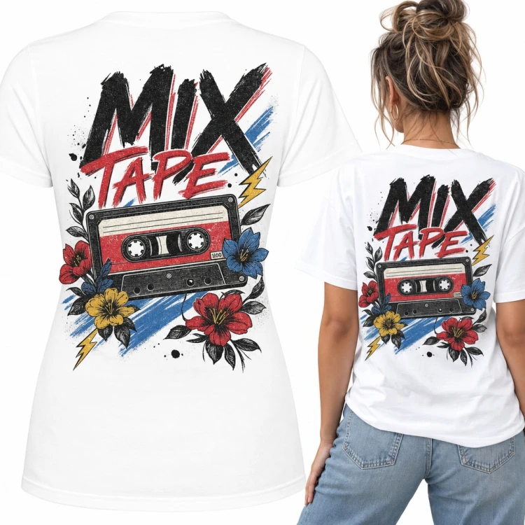 Koszulka damska kaseta retro „Mix tape” z kwiatami - duży nadruk na plecach