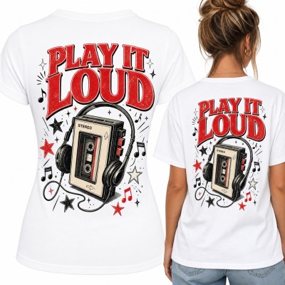 Koszulka damska „Play it loud” z walkmanem i kasetą - duży nadruk na plecach