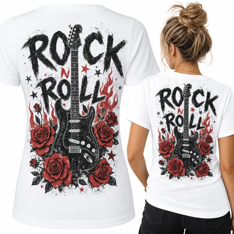 Koszulka damska „Rock n roll” z gitarą elektryczną i czerwonymi różami - duży nadruk na plecach