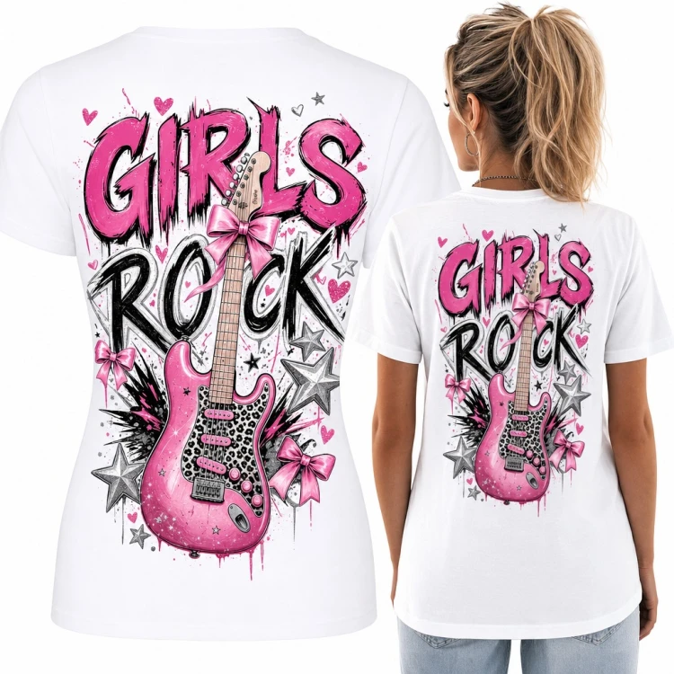 Koszulka damska „Girls Rock” z różową gitarą i kokardą - duży nadruk na plecach