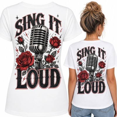 Koszulka damska „Sing it loud” - retro mikrofon w różach dla wokalistki - duży nadruk na plecach