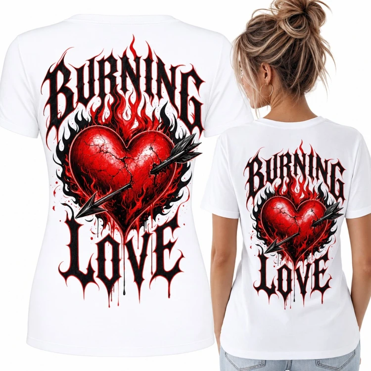 Koszulka damska „Burning love” - płonące serce przebite strzałą - duży nadruk na plecach