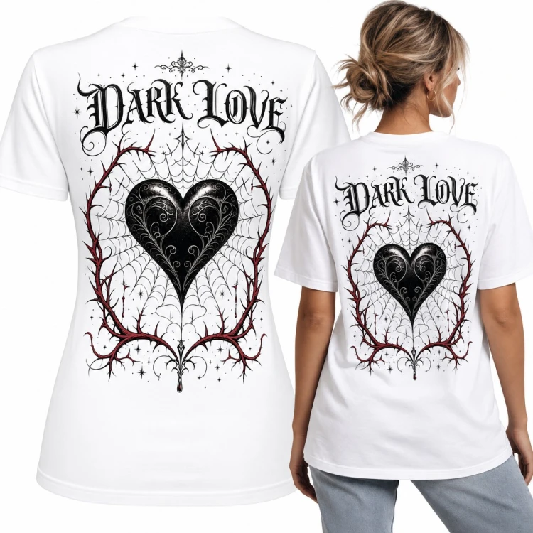 Koszulka damska gotycka „Dark Love” z czarnym sercem w pajęczynie - duży nadruk na plecach