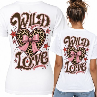 Koszulka damska „Wild Love” - serce w panterkę z różową kokardą, duży nadruk na plecach