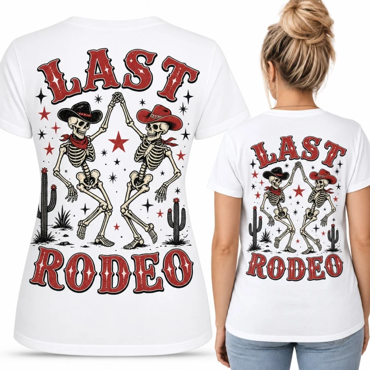 Koszulka damska „Last Rodeo” z tańczącymi szkieletami kowbojami - duży nadruk na plecach