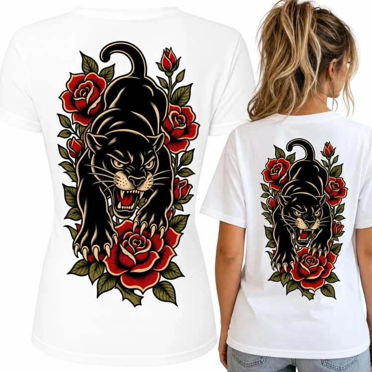 Koszulka damska czarna pantera wśród róż w stylu old school tattoo - duży nadruk na plecach